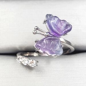 Genuine Fluorite & Diamond Simulants 925 Sterling Silver Butterfly Bypass Ring
